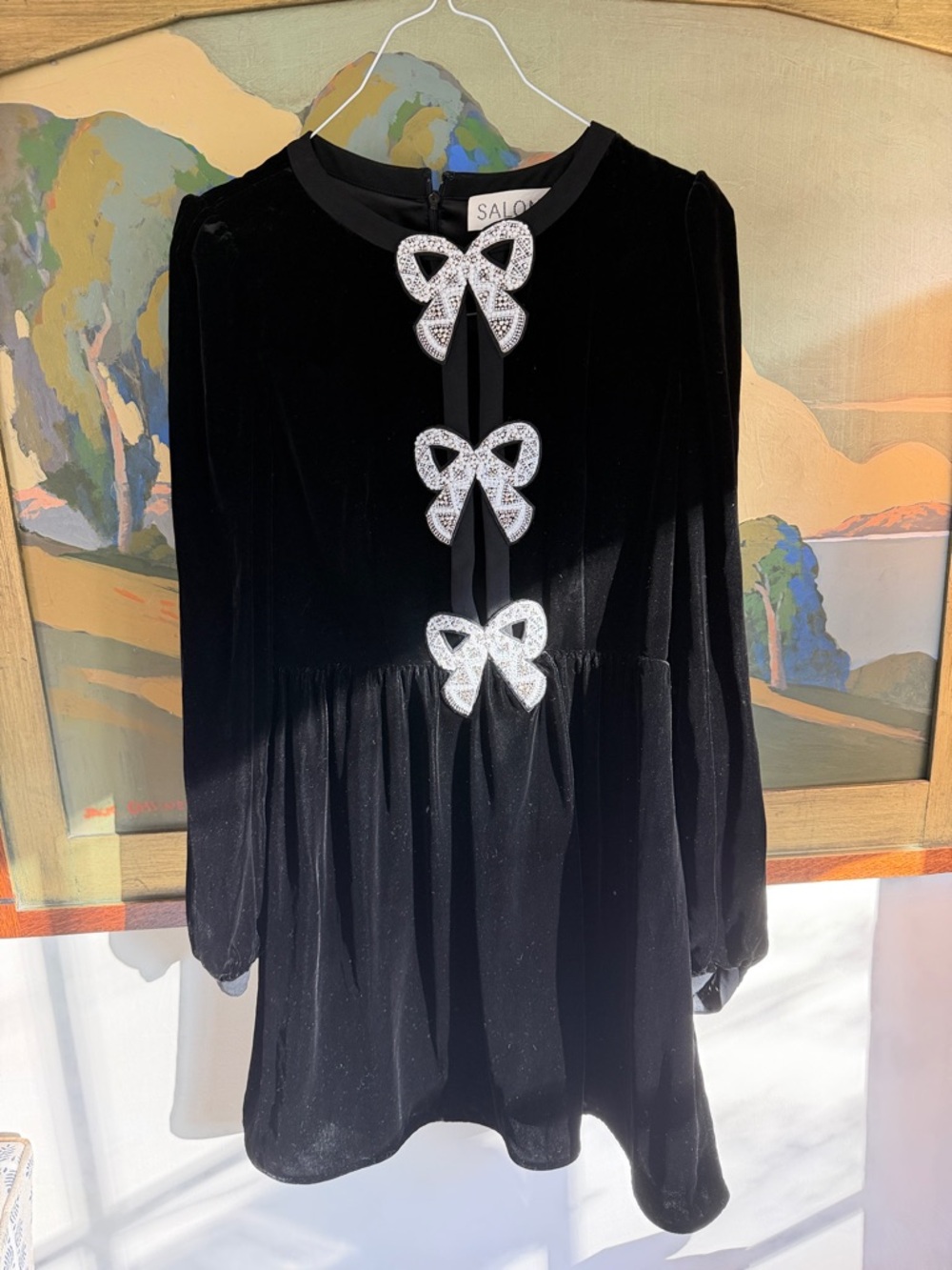 SALONI Black Velvet Dress with Crystal Bow Details